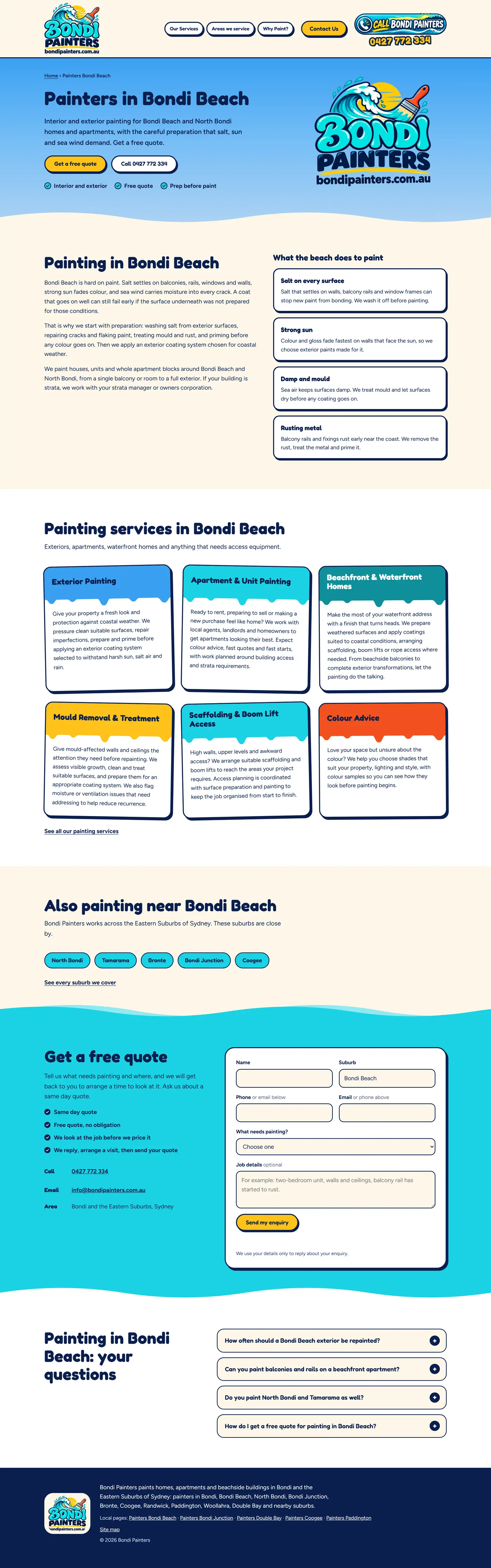 Landing page for painters in Bondi Beach, with local advice, services, nearby suburbs and a free quote form