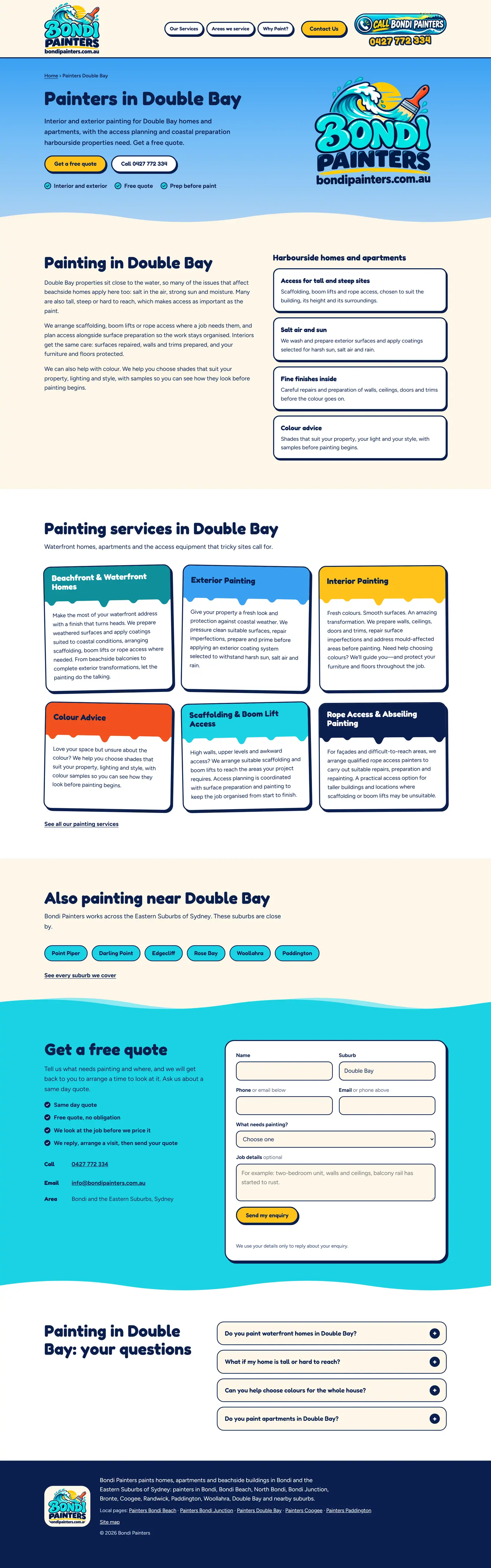 Landing page for painters in Double Bay, with advice for waterfront and hard-to-reach properties