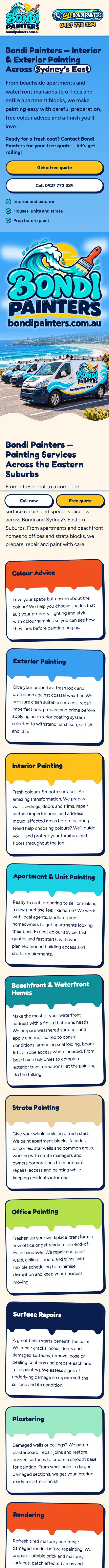 Bondi Painters home page on a phone