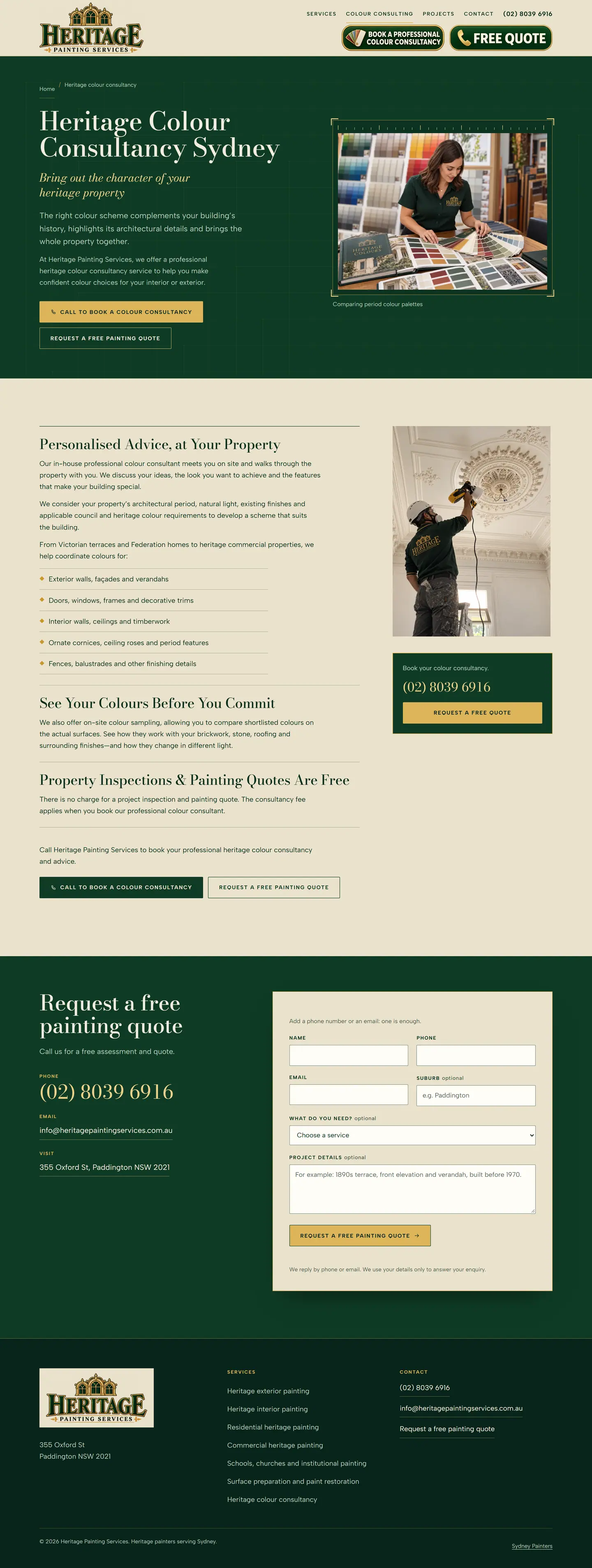 Heritage colour consultancy page with colour advice, on-site sampling and a free quote form