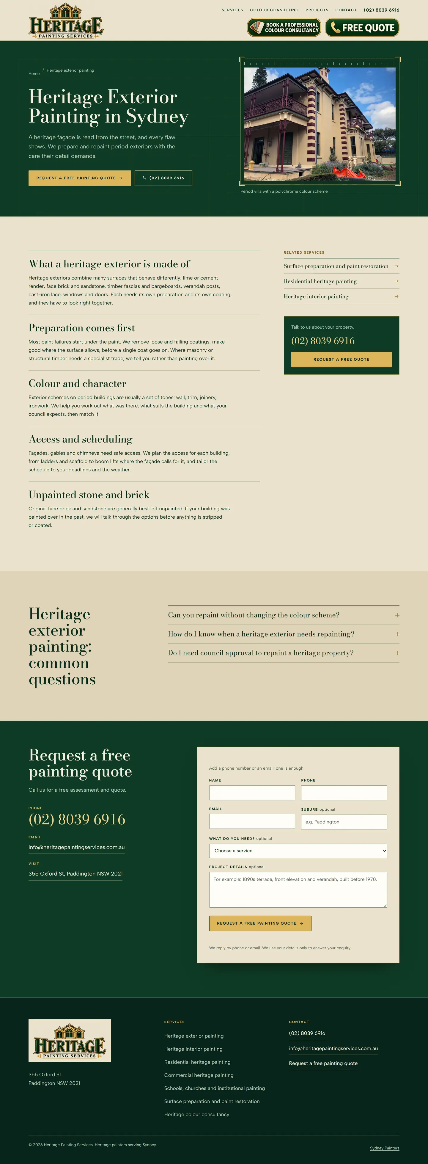Landing page for heritage exterior painting in Sydney