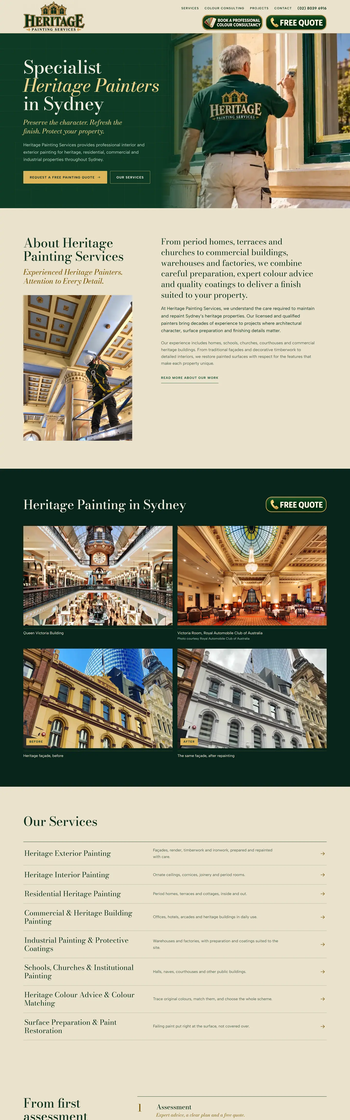 Heritage Painting Services home page on desktop: specialist heritage painters in Sydney, an about section, a gallery of projects and the list of services