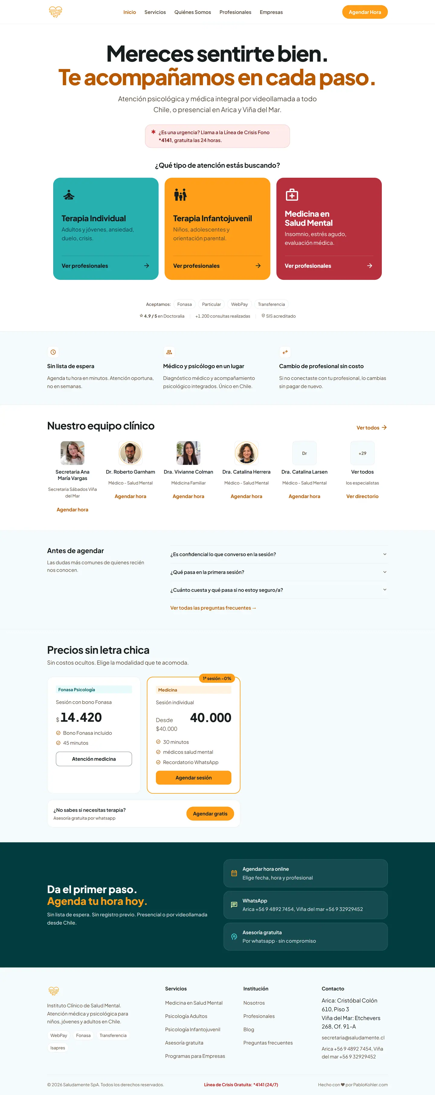 Saludamente home page on desktop: types of care, how it works, the clinical team, prices and booking