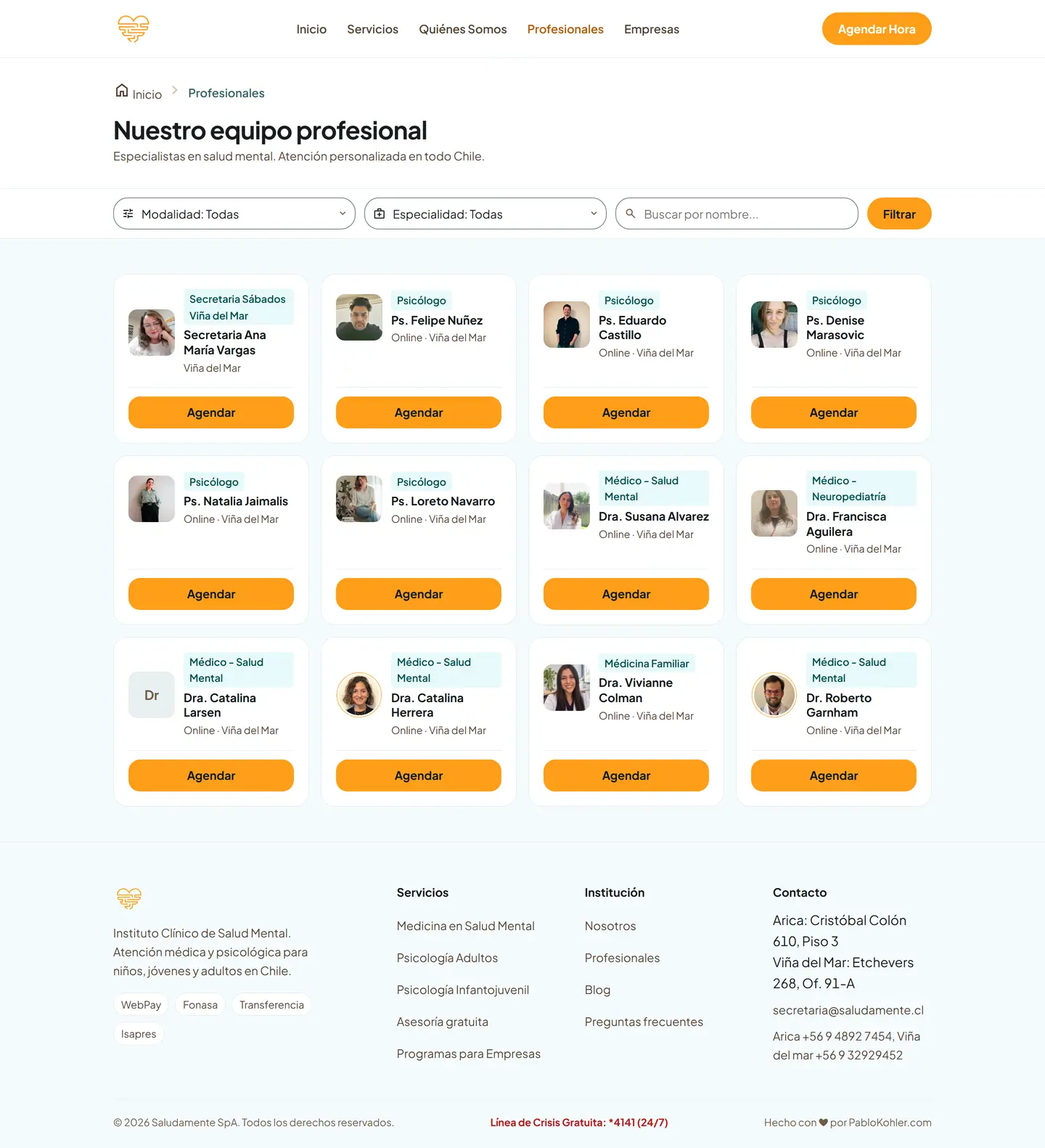 Directory of professionals with filters by modality, specialty and name
