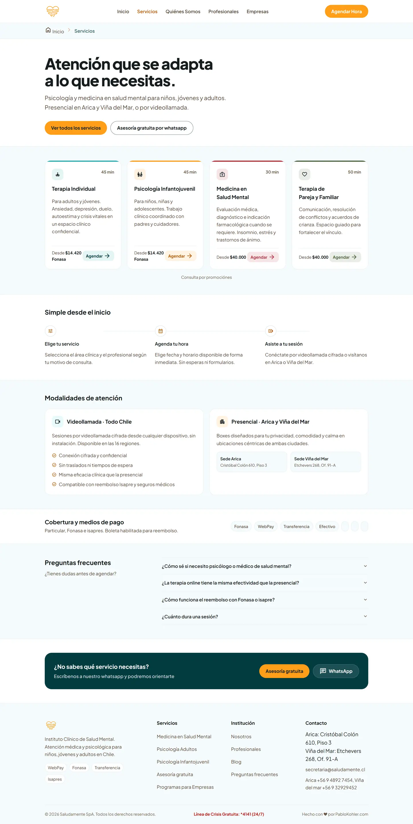 Services page with the types of care, how to get started, the ways of attending and frequently asked questions