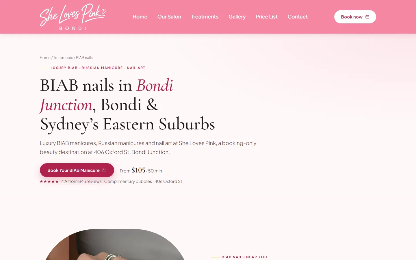 Service page for BIAB nails in Bondi Junction, with price, duration and booking button