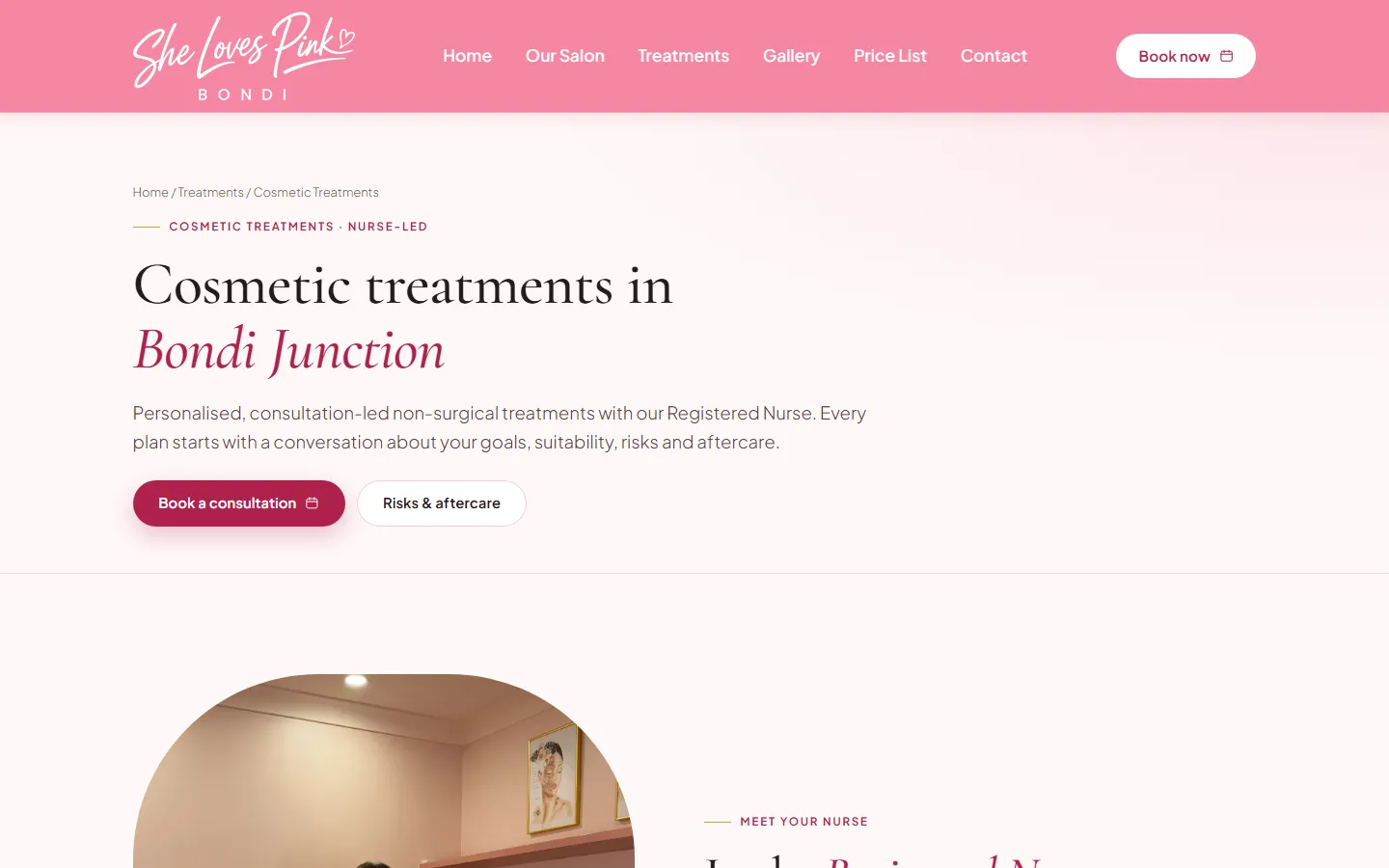 Cosmetic treatments page, led by the salon's registered nurse