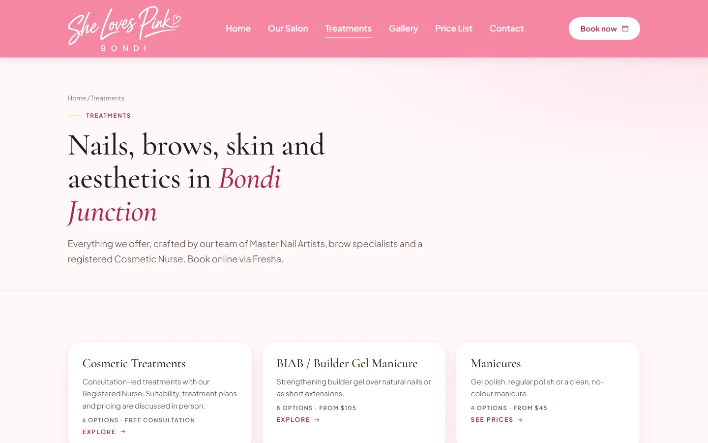 Treatments overview page, with starting prices for each service